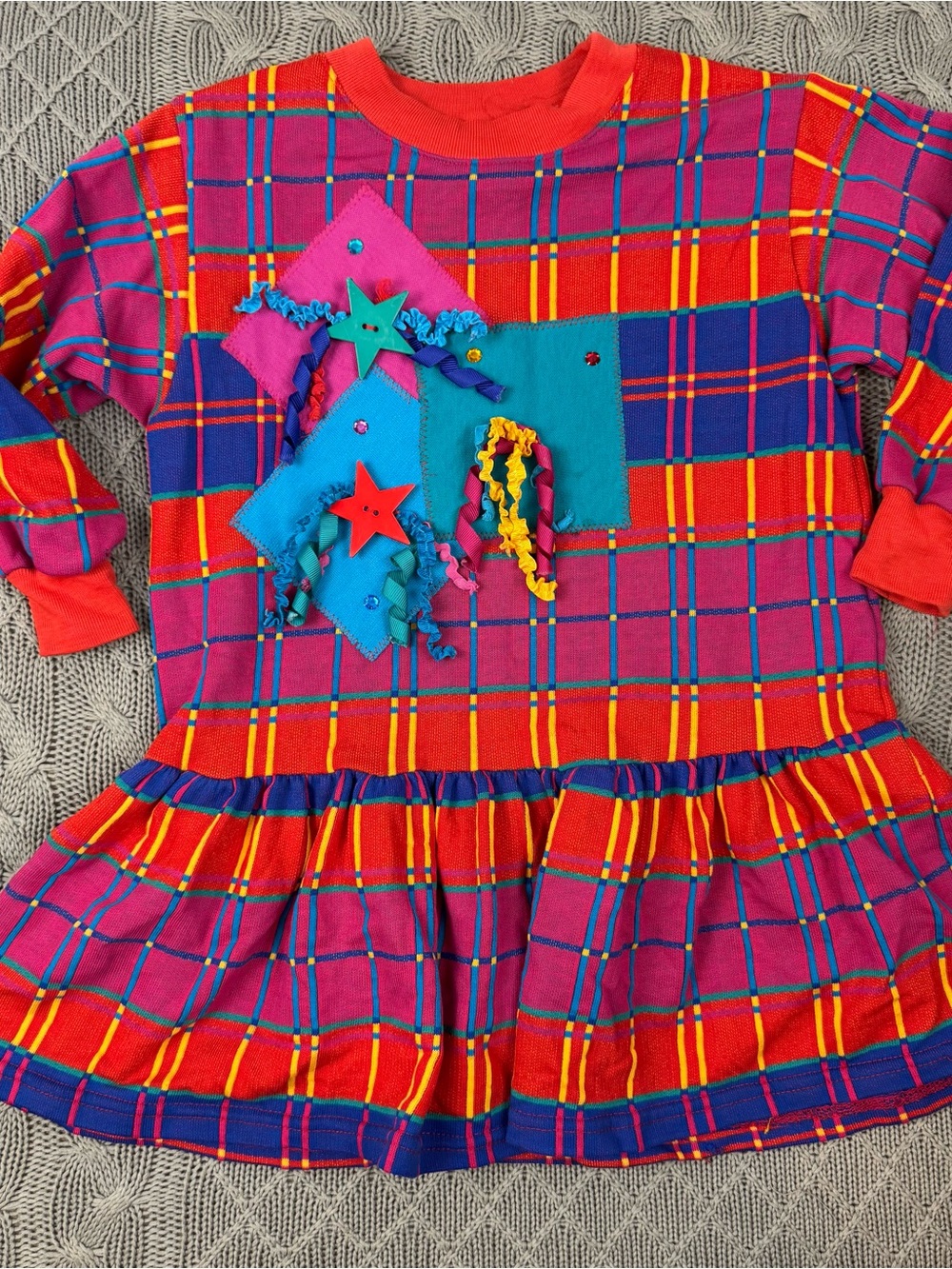 Vintage Girls Plaid Patchwork Dress 80’s 90’s Style Drop Waist- Pink & Red Plaid